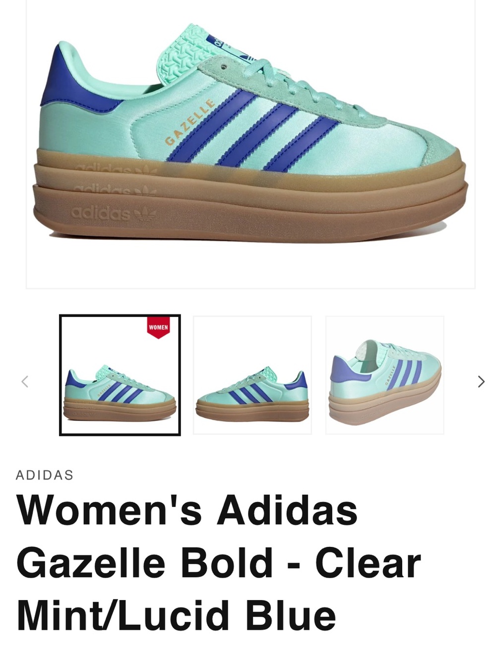 adidas Gazelle Bold Sneakers — Mint with Blue Stripes and Gum Sole